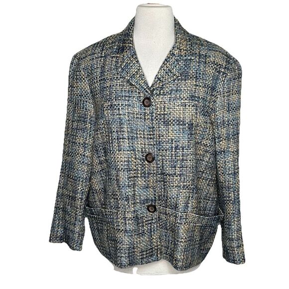 Liz Claiborne 2P Denim Blue‎ Tan Tweed Coat Blazer Notch Collar Timeless Classic - Picture 1 of 7